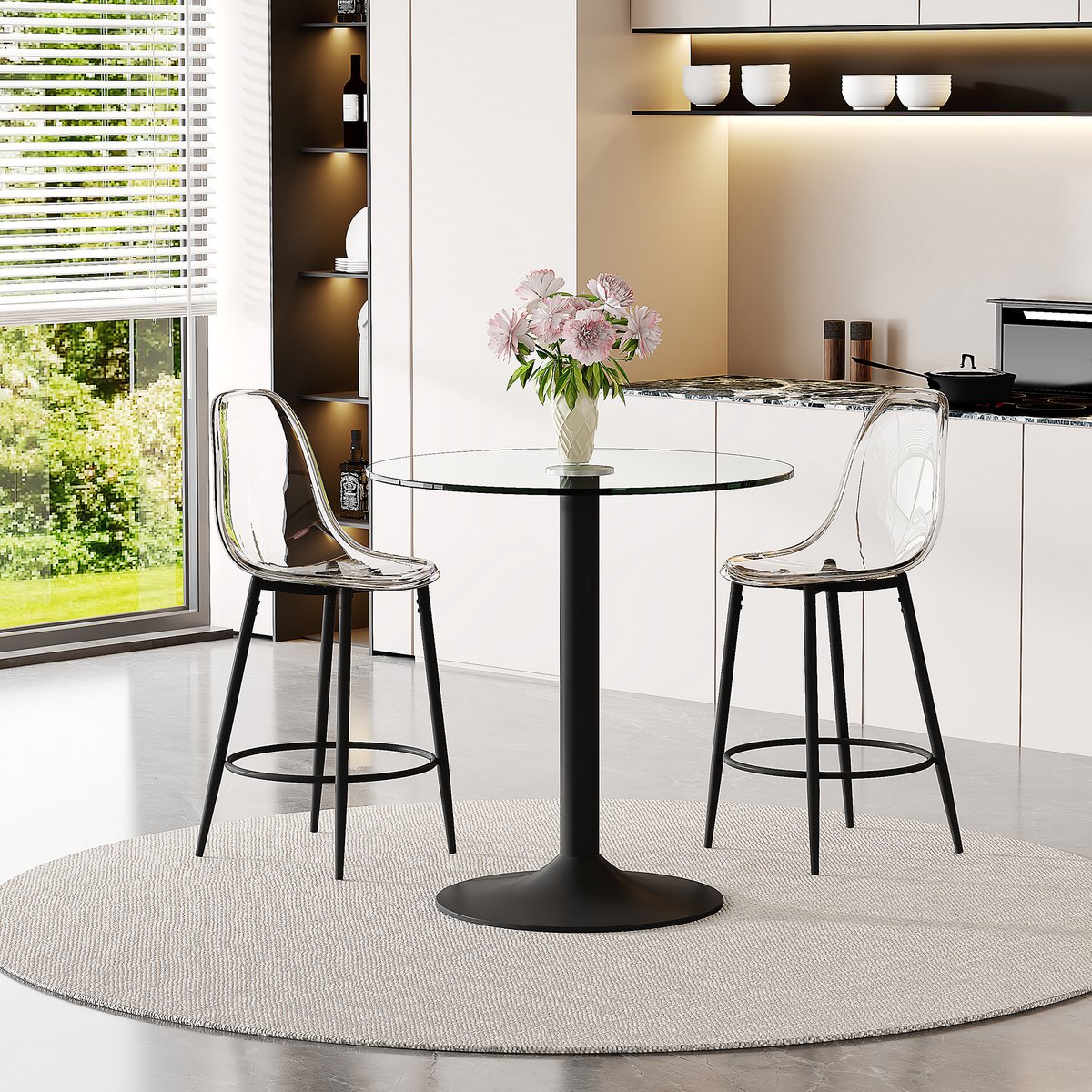 COVREO Barset 89 cm, transparant glas, zwart metaal, 2 barkrukken