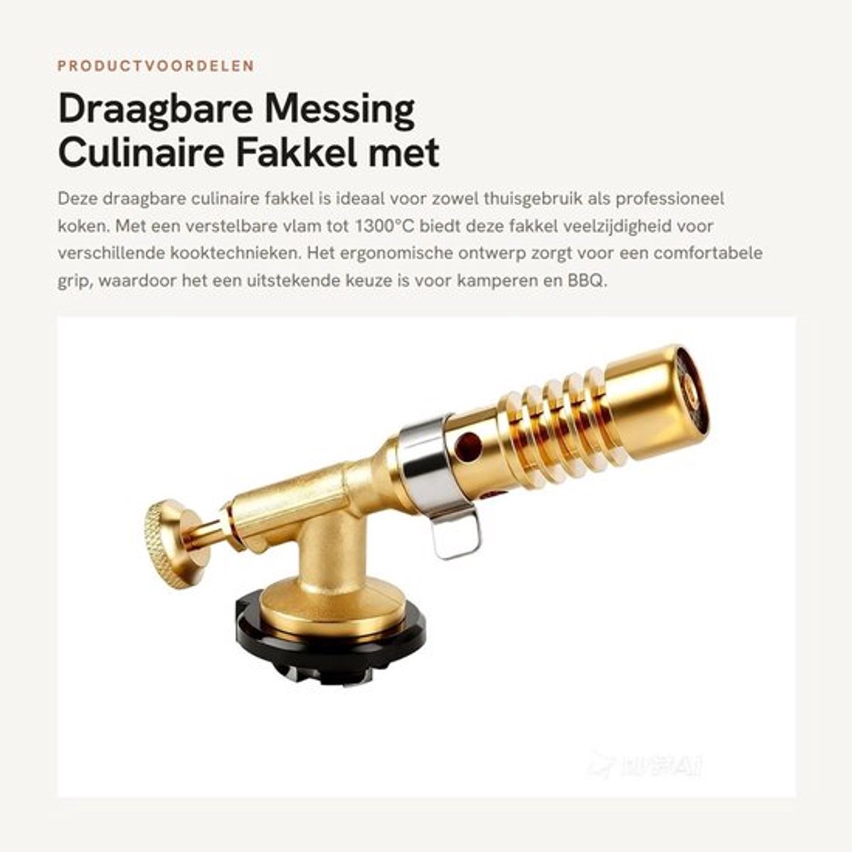 Draagbare Messing Culinaire Fakkel met Verstelbare Vlam tot 1300°C