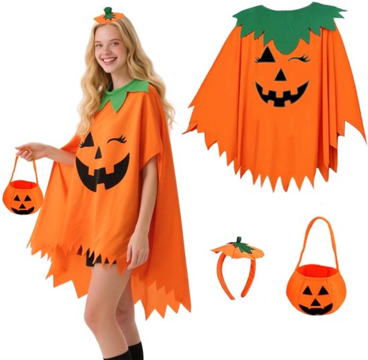 Pompoenkostuumset - Halloween-cape - Pompoenmuts - Pompoenzak - Polyester - Eenheidsmaat 120 x 85 cm - Verkleedkostuum