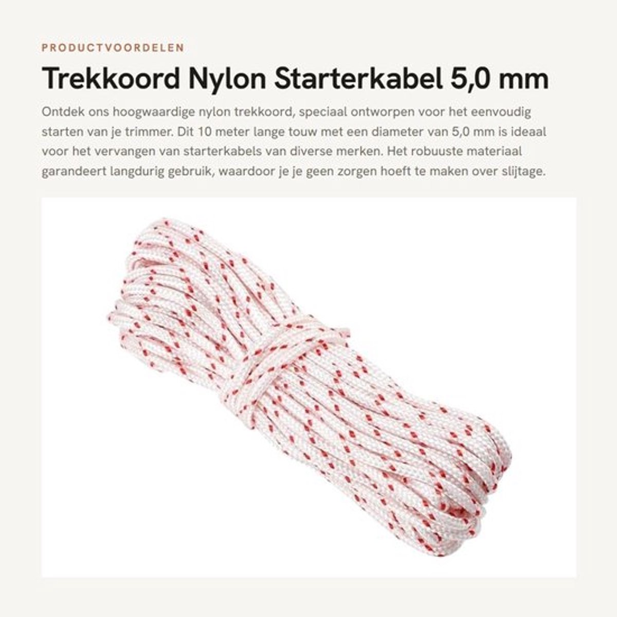 Trekkoord Nylon - Starterkabel 5,0 mm - Duurzaam en slijtvast - 10 meter lengte - Geschikt voor trimmers - Hoogwaardige kwaliteit