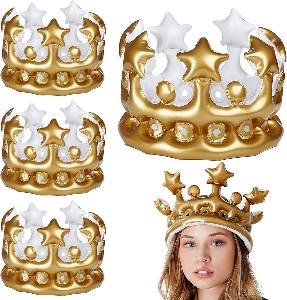 Opblaasbare kroon voor volwassenen en kinderen - set van 4 stuks - gouden feesthoed - perfect voor verjaardagen - ShopVlot