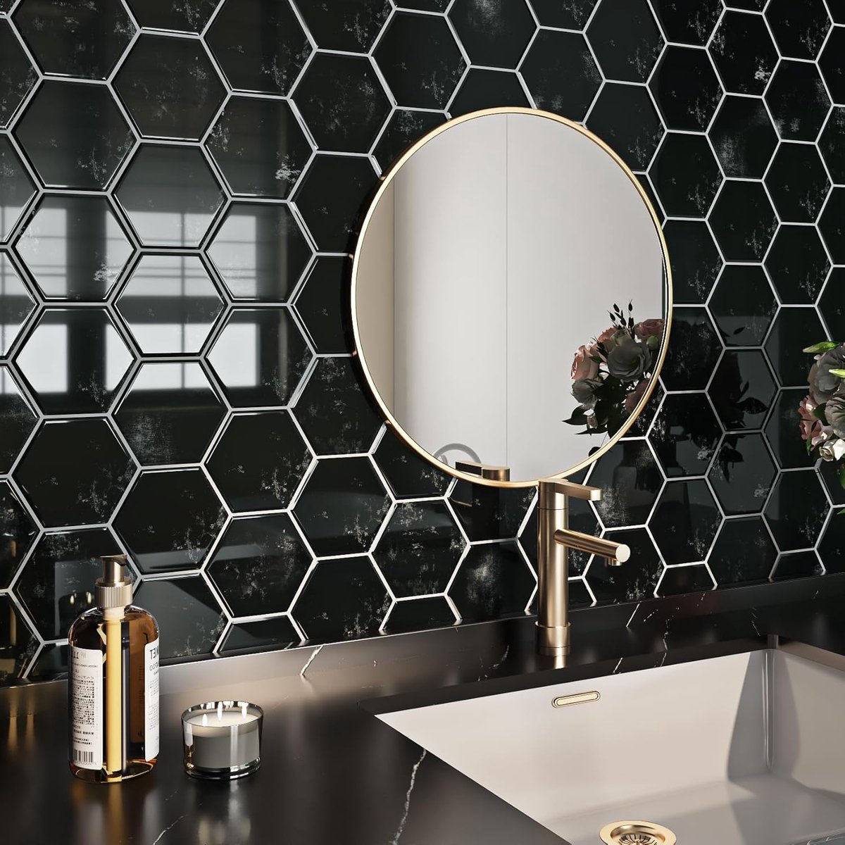 Tegelstickers 30 x 30 cm - Charcoal zwart - 3D hexagon design - Eenvoudig aan te brengen - ShopVlot