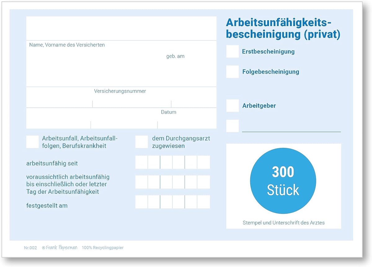 Medisch certificaat privé - verklaring van arbeidsongeschiktheid DIN A6 - 300 vellen - geschikt voor alle printers - ShopVlot