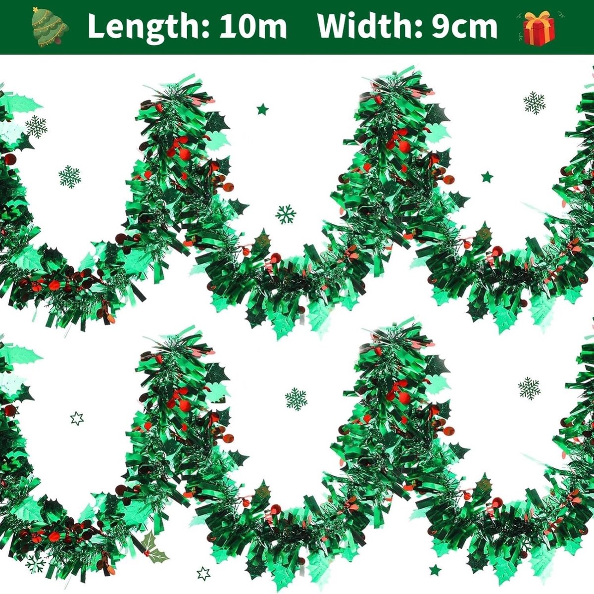 Tinsel garland 10M - rode bes en hulstbladeren - glanzend met glitter - voor kerstdecoratie - ShopVlot