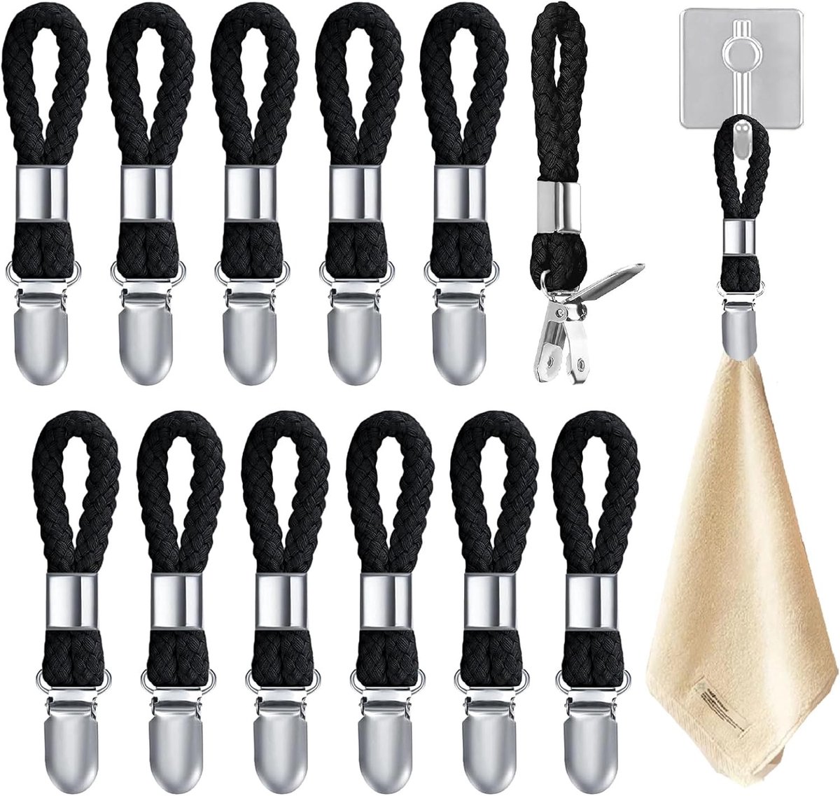 Handdoekklemmen - Zwart - 20 x 15 x 1,5 cm - Katoenen Touw met Metalen Clips - Voor Huishouden en Keuken