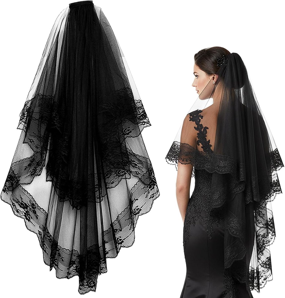 Bridal Veil 60-80cm - Zwart Kant Tulle - Licht en Comfortabel - Perfect voor Heksencosplay - ShopVlot