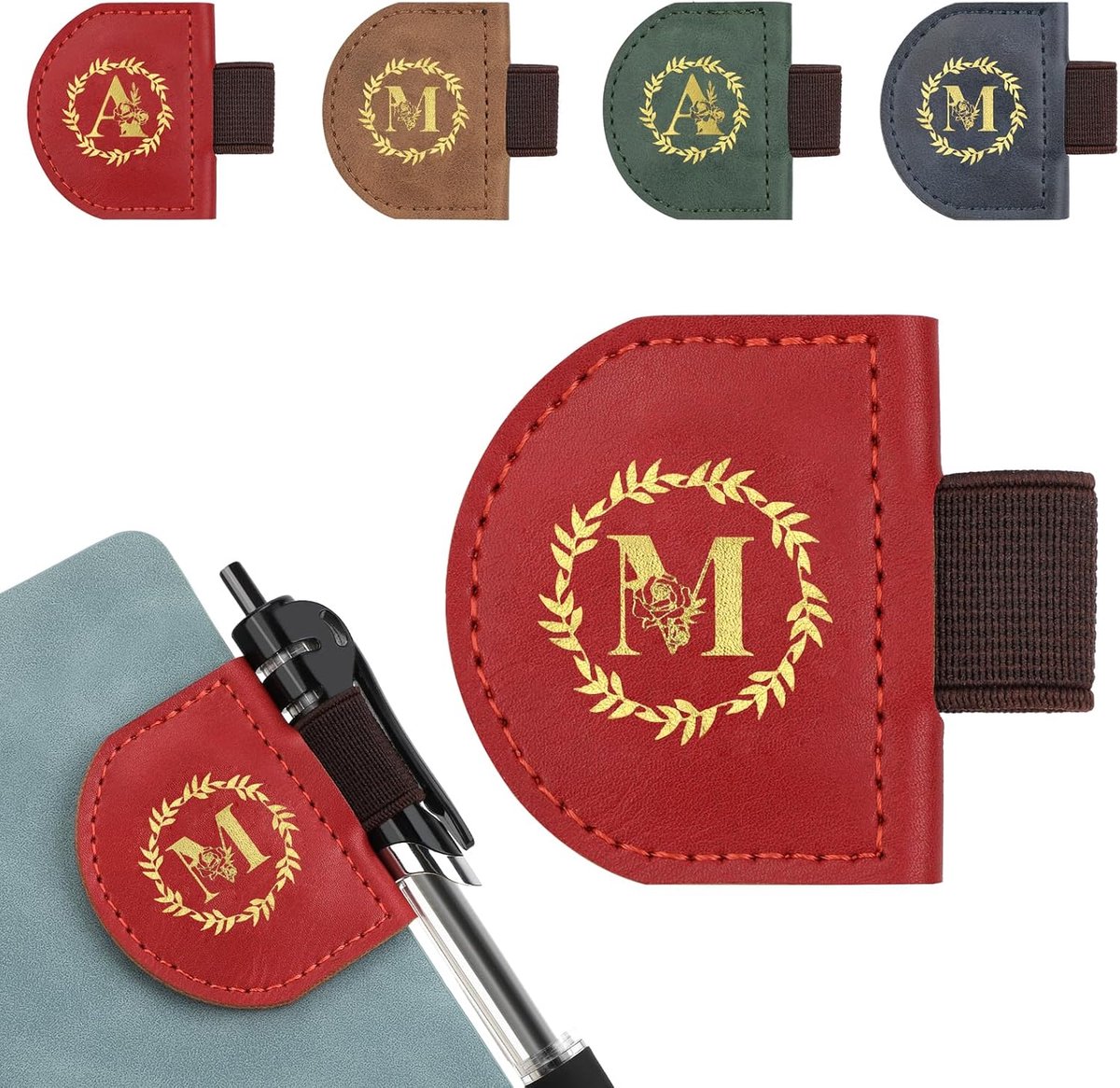 Magnetische bladwijzer met penhouder - lederen boekenlegger - gepersonaliseerd met beginletters - ShopVlot