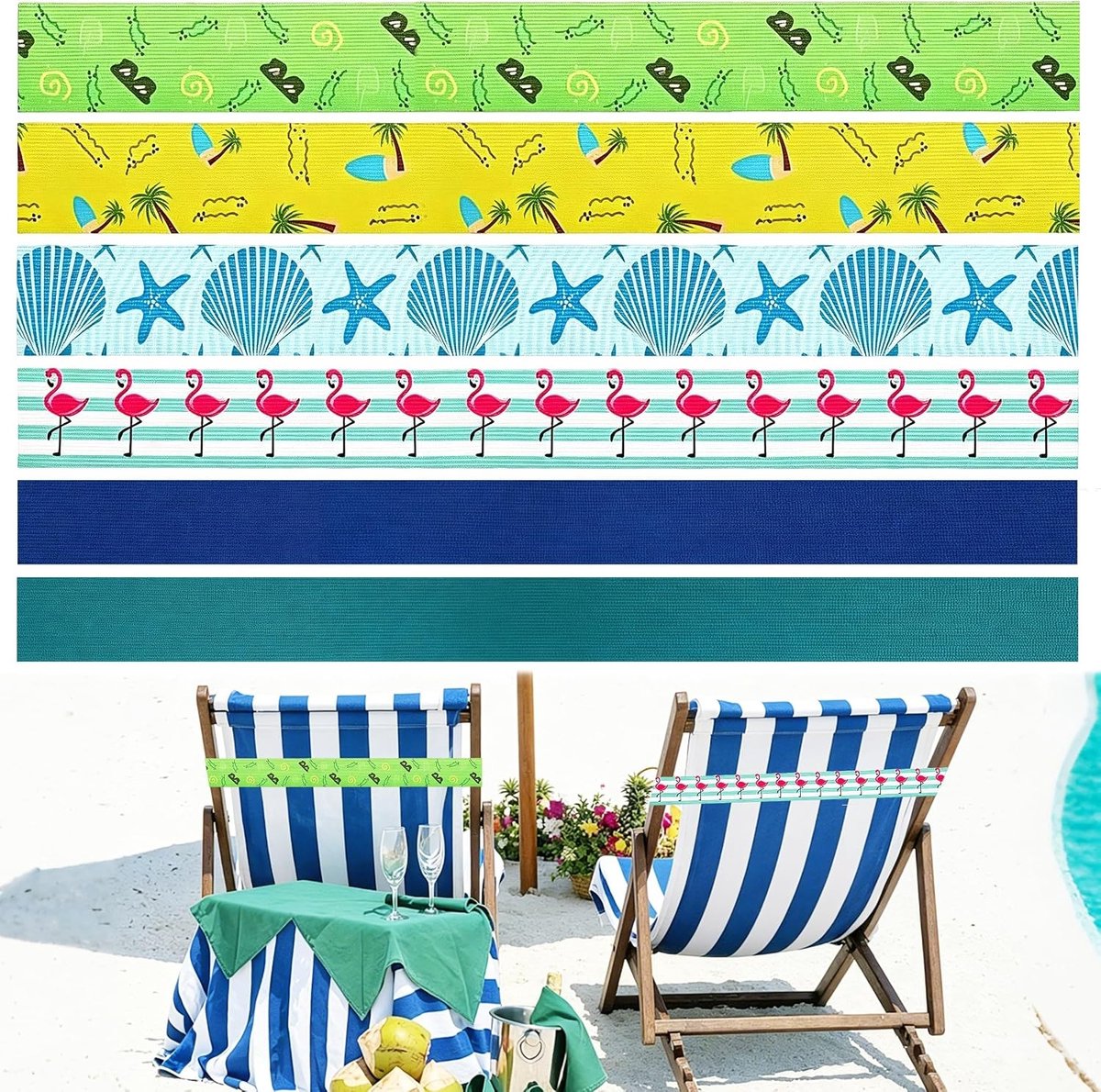 Strandhanddoekhouder - Polyester, Nylon - 40 x 5 cm - Rekbare Bevestigingsriemen voor Strandstoelen - Voor Strand en Zwembad