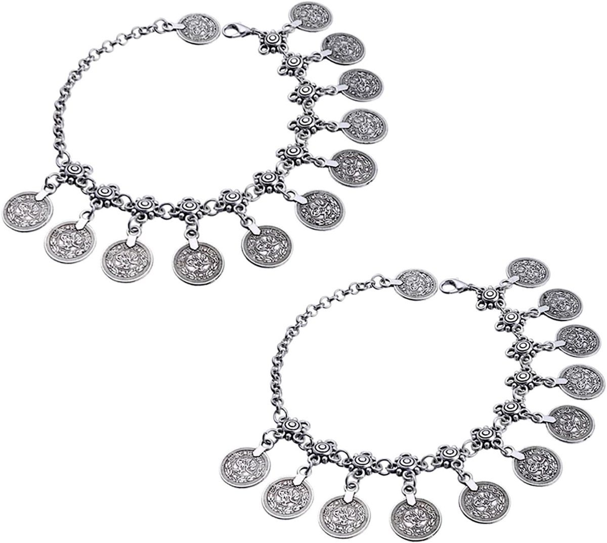 Enkelbandje dames 2 stuks - tribal etnisch - munt kwastje - boho stijl voor strand - ShopVlot