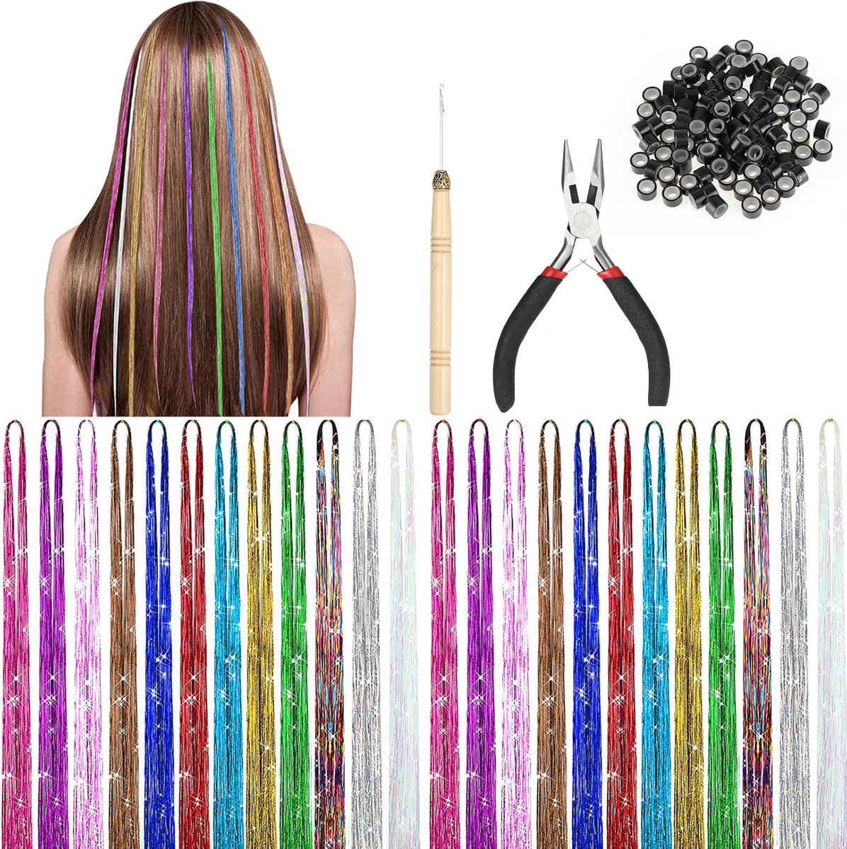 Haarextensions set 12 kleuren - Glitterstrengen - Haaraccessoires voor feest - Maak je look uniek - ShopVlot