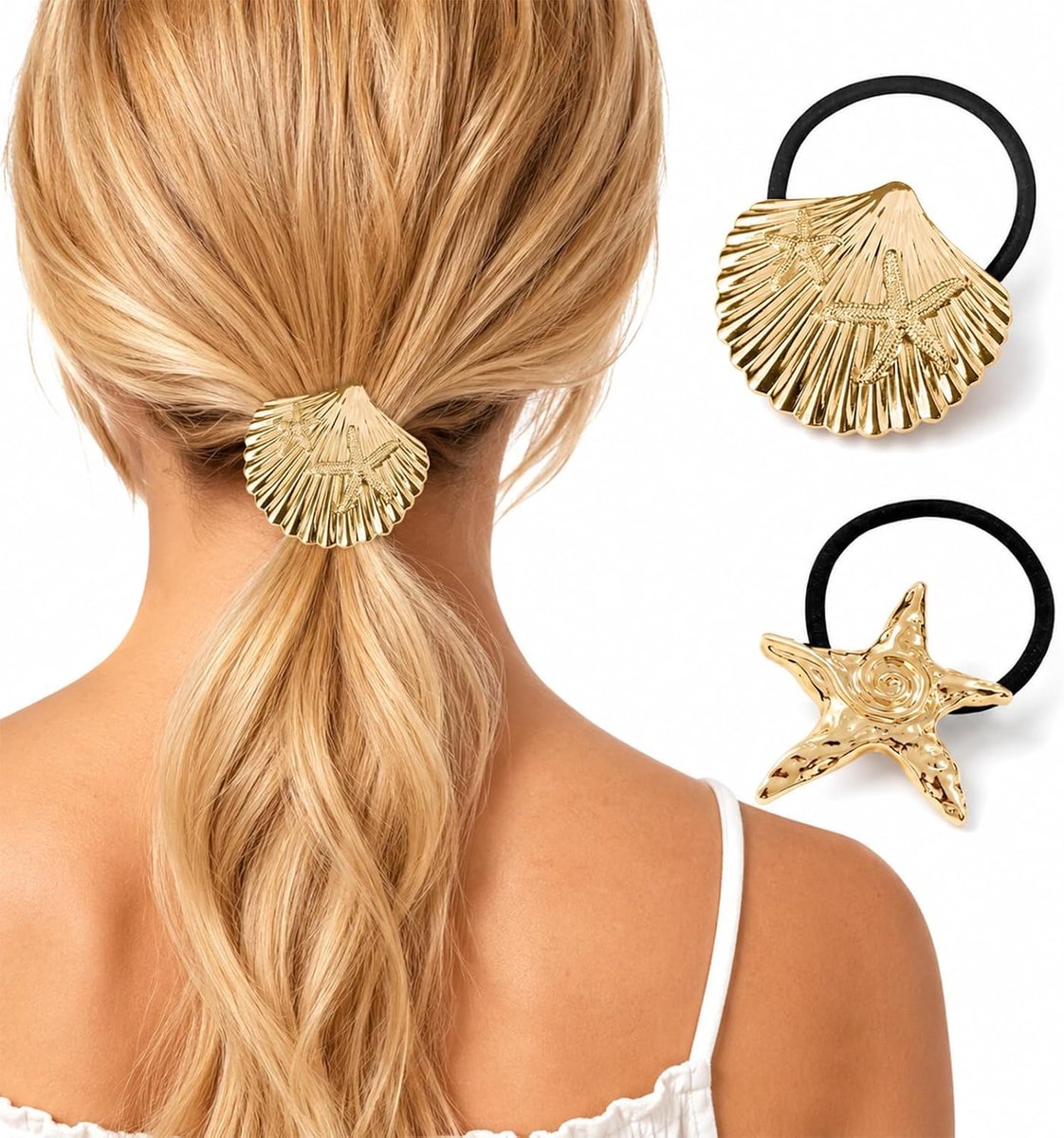 Haarelastiekjes gouden - metalen haarbanden - zeester en schelppatroon - voor een zomerse look - ShopVlot