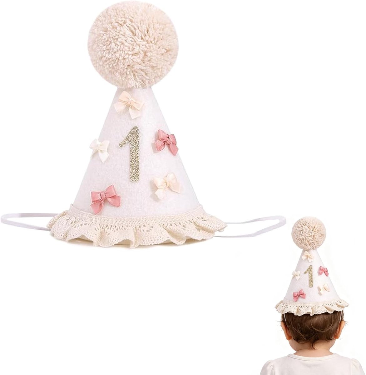 Verjaardagshoed 1 jaar - kroon met cijfer 1 - met pompon en strik - feestaccessoire voor eerste verjaardag - ShopVlot
