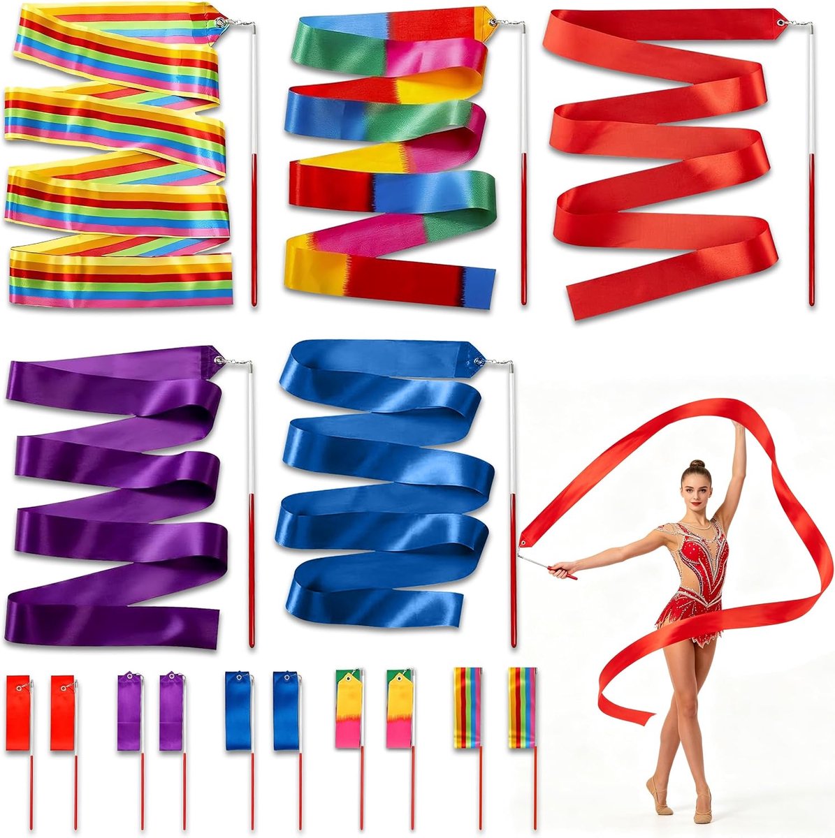 Gymnastiekband 2 m - satijnen dansband met stang - set van 10 stuks - ideaal voor dansles en trainingen - ShopVlot