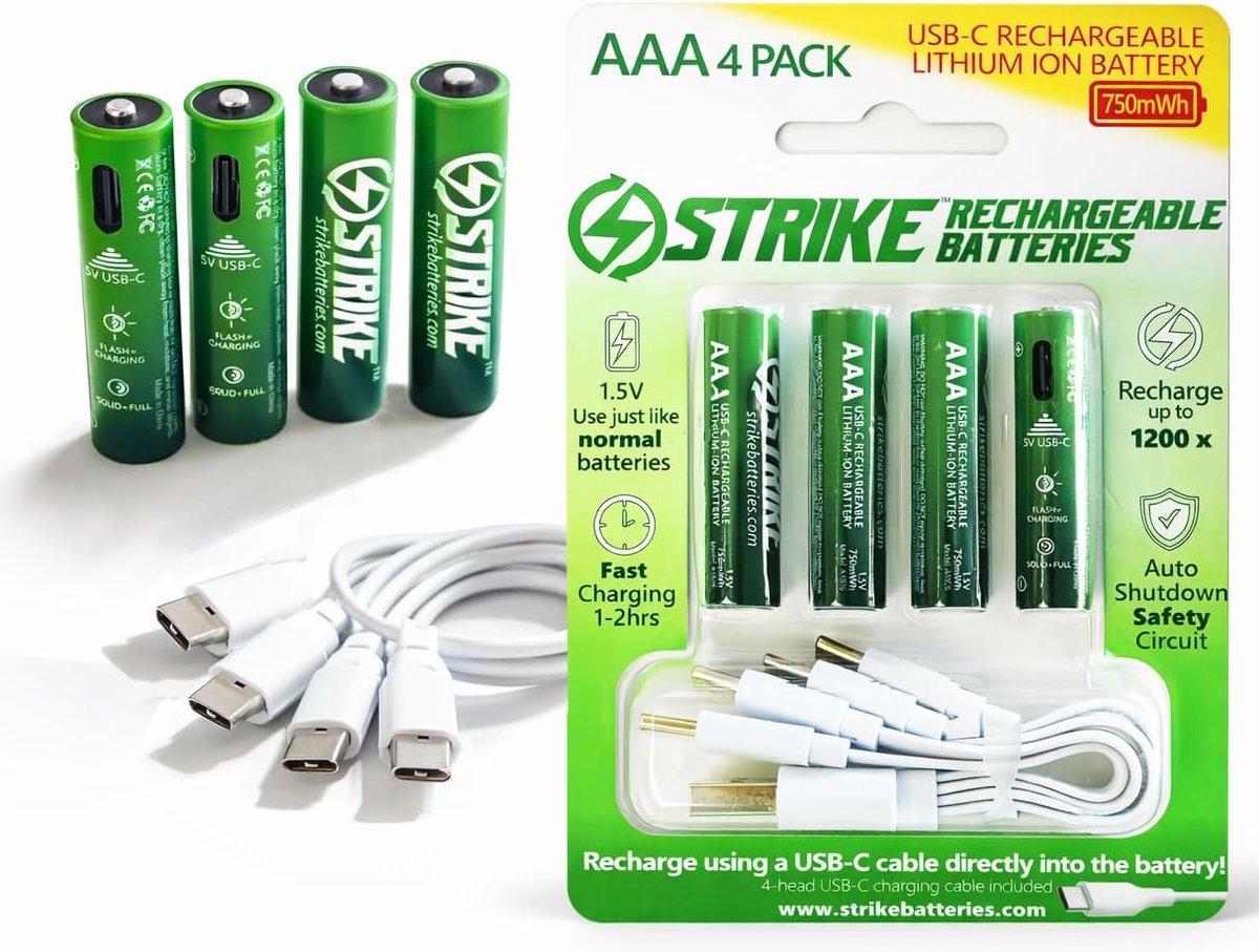 AAA Battery Lithium Ion 4 Pack Smart LED 1.5V 750mWh USB-C Rechargeable with Charging Cable, No Charging Box Needed! - ShopVlot