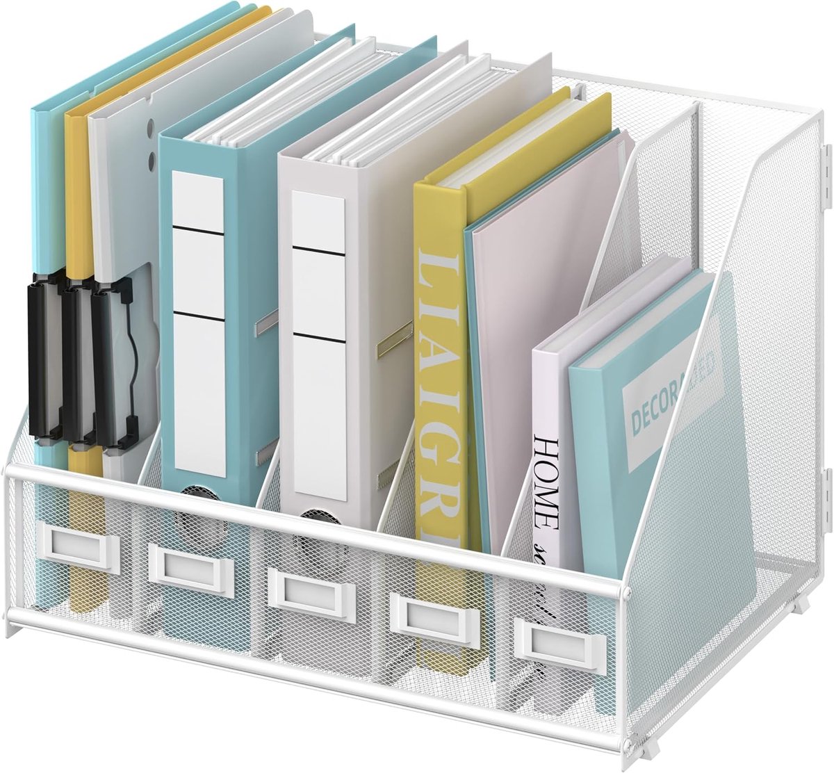 SUPEASY Desk Organiser Desk Shelf Metal Document Box with 5 Vertical Compartments File Rack for Desktop Office White - ShopVlot