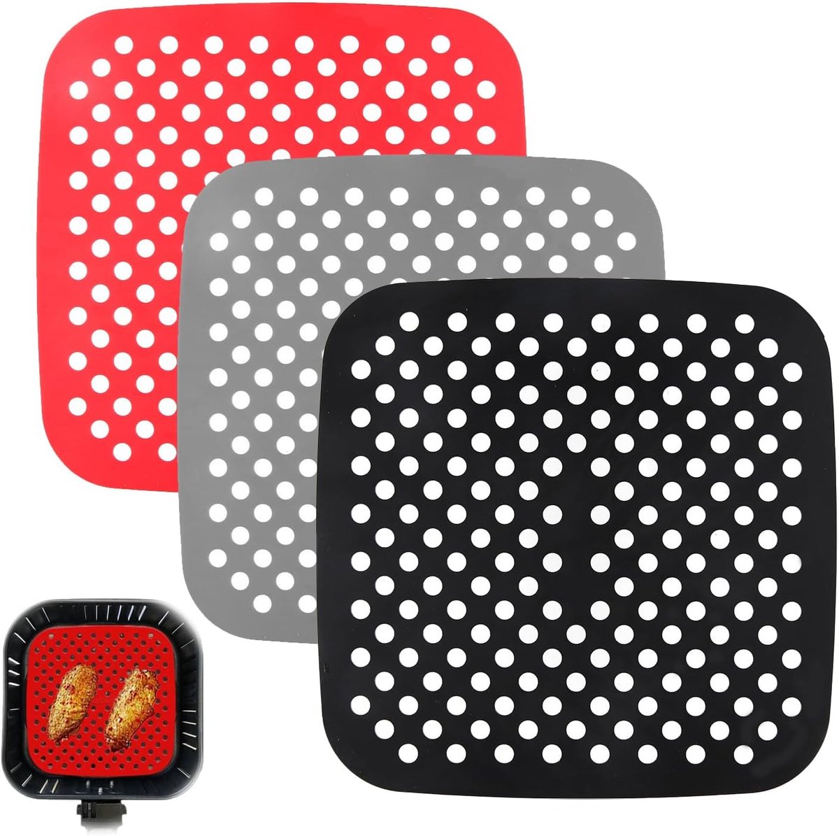 Airfryer mat 3-delig - vierkant siliconen bakmat - herbruikbaar - eenvoudig te reinigen voor airfryer en stoomkookpan - ShopVlot