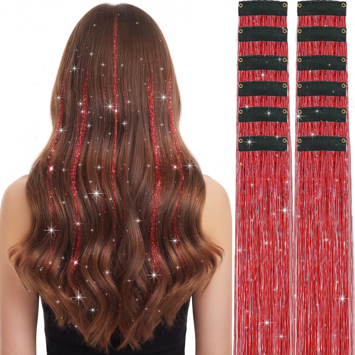 Haar Tinsel Clip-in 12 Stuks - 50cm Glitter Haarextensions - Holografisch Rood - Eenvoudig in gebruik - ShopVlot
