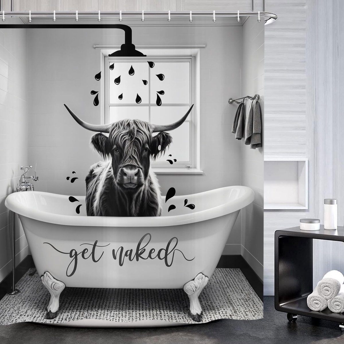 Douchegordijn funny cow 180 x 200 cm - rustiek grijs - vintage boerderij - waterproof en wasbaar - ShopVlot