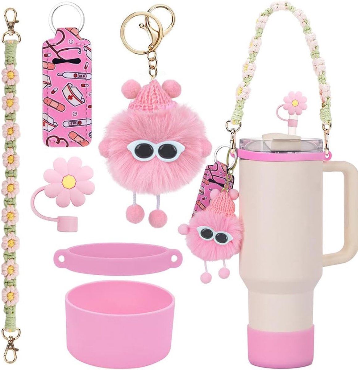 Drinkbeker accessoires set 6 stuks - Rood A - Draagriem en bodembeschermer - Maak je beker persoonlijker - ShopVlot