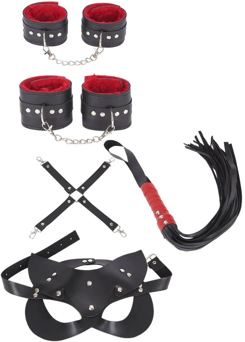 Zwarte kunstlederen bondage set met 5-delige accessoires - handgemaakt masker en riemen standaardmaat