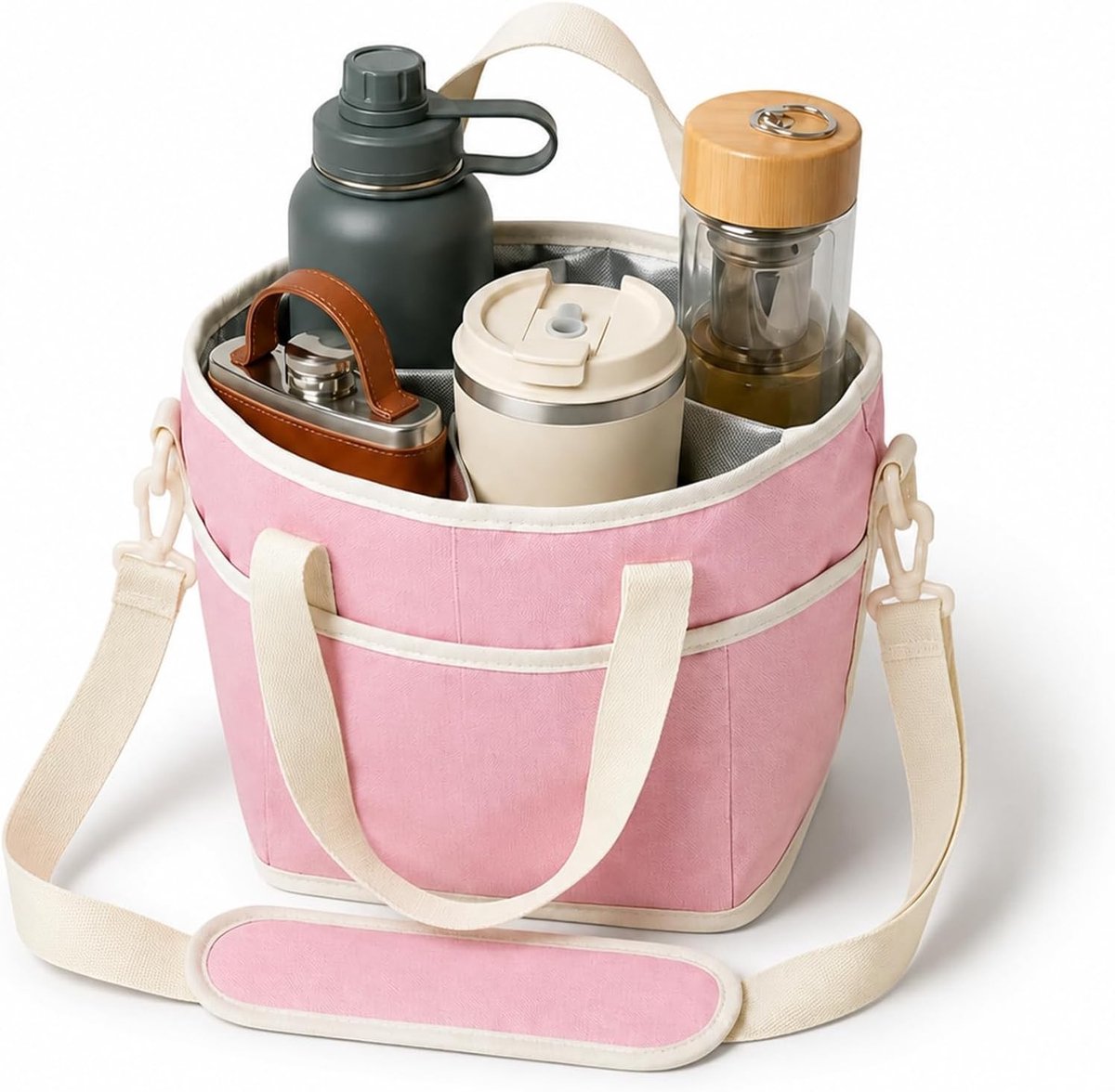Flessentas met 4 Vakken - Roze - Geïsoleerde Drankentas met Verstelbare Band - Voor Picknick en Reizen