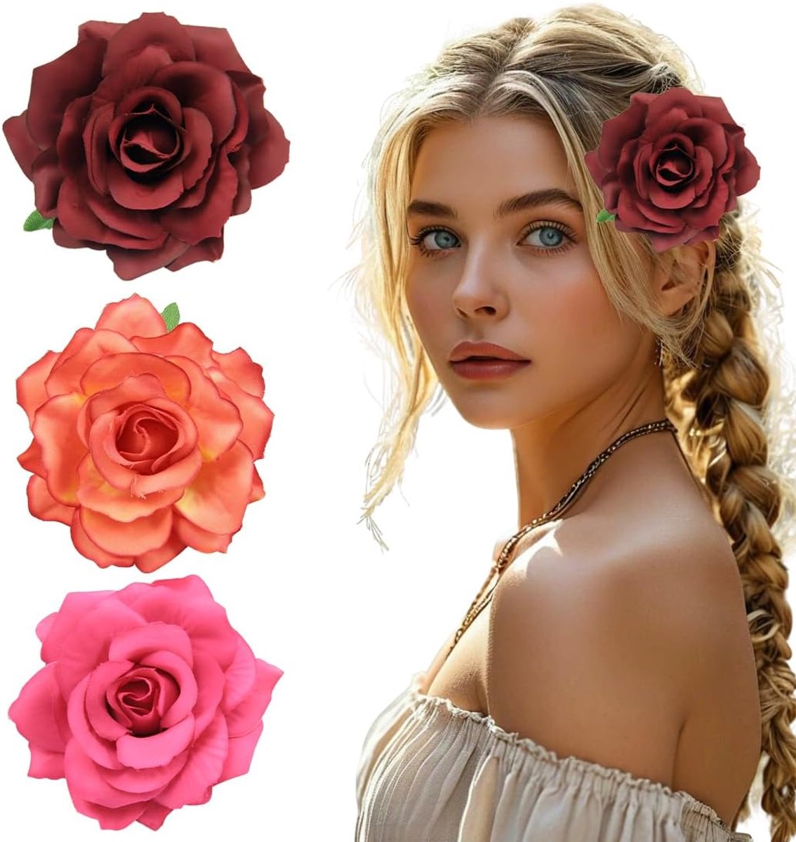 Haarspeldjes met bloemen - rozenclips - 3 stuks - perfect voor bruiloft en strandfeest - ShopVlot