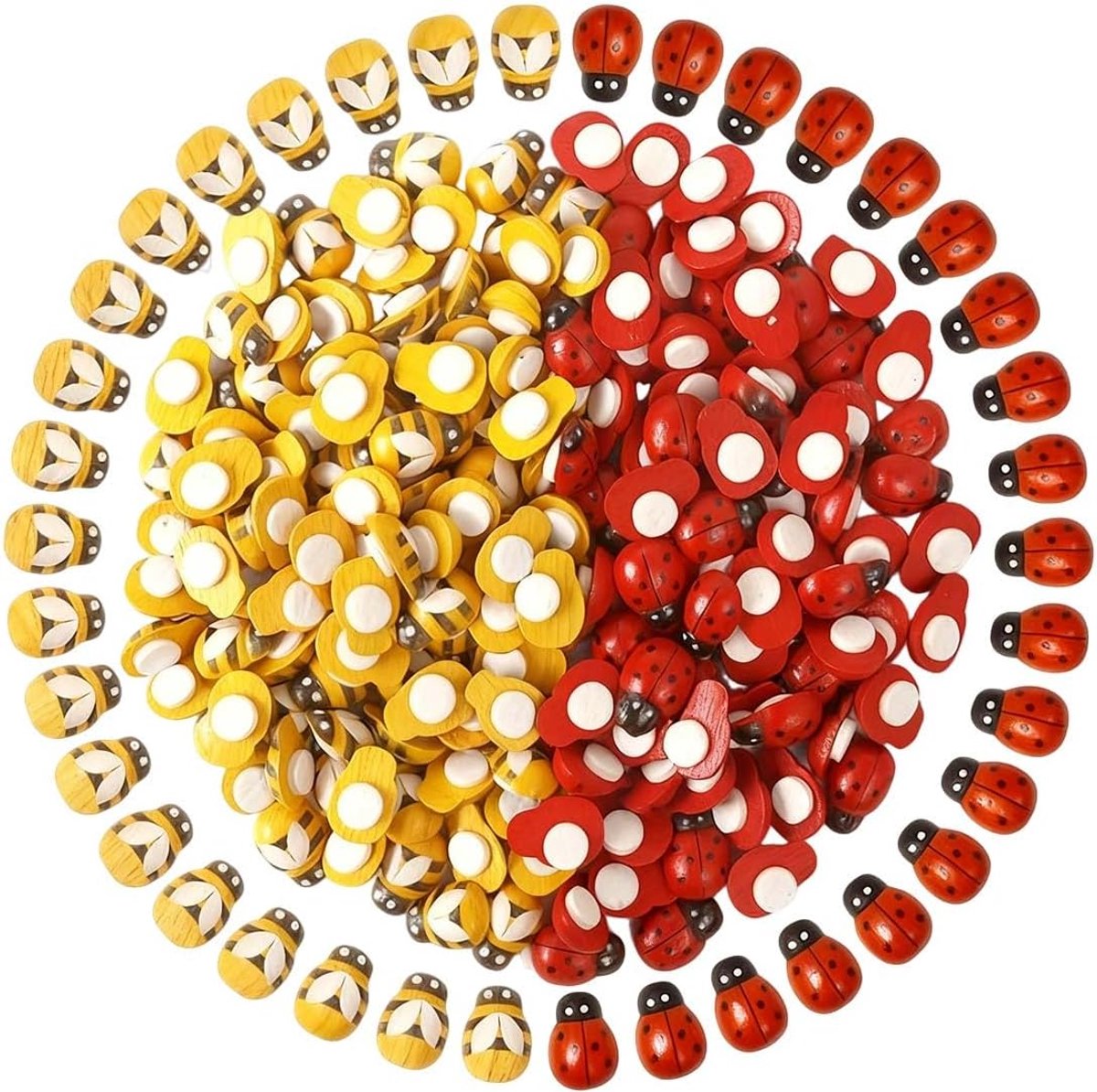 Houten bijen en lieveheersbeestjes - 100 mini bumblebees + 100 ladybugs - zelfklevend - perfect voor knutselprojecten - ShopVlot