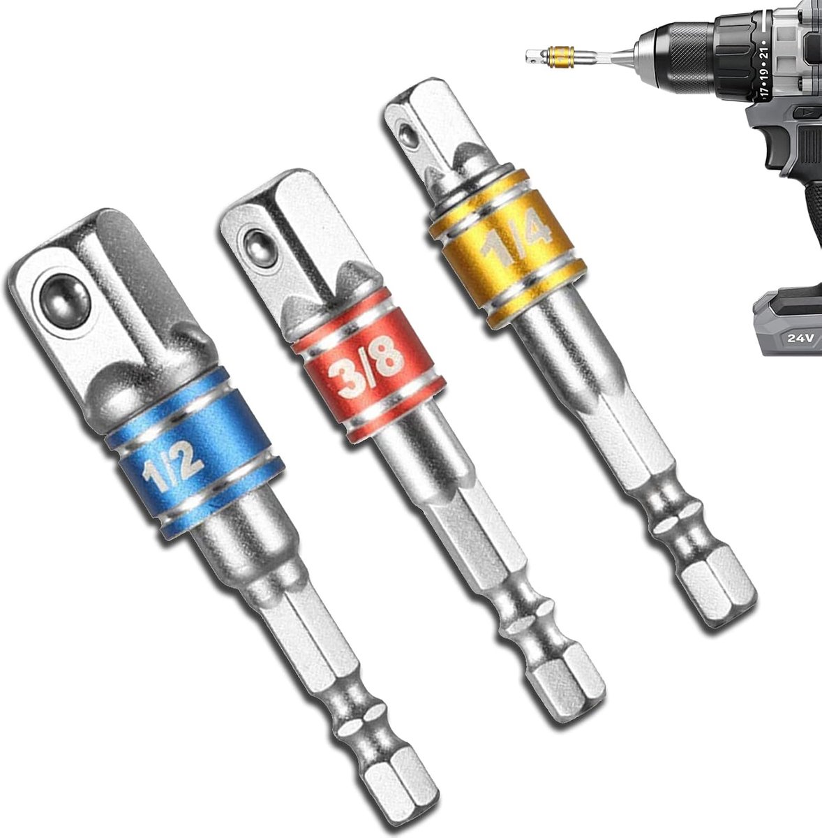 Steeksleutel adapter set 1/4", 1/2", 3/8" - 3-delige hex adapter - voor accuschroefmachines - veelzijdige aansluiting - ShopVlot