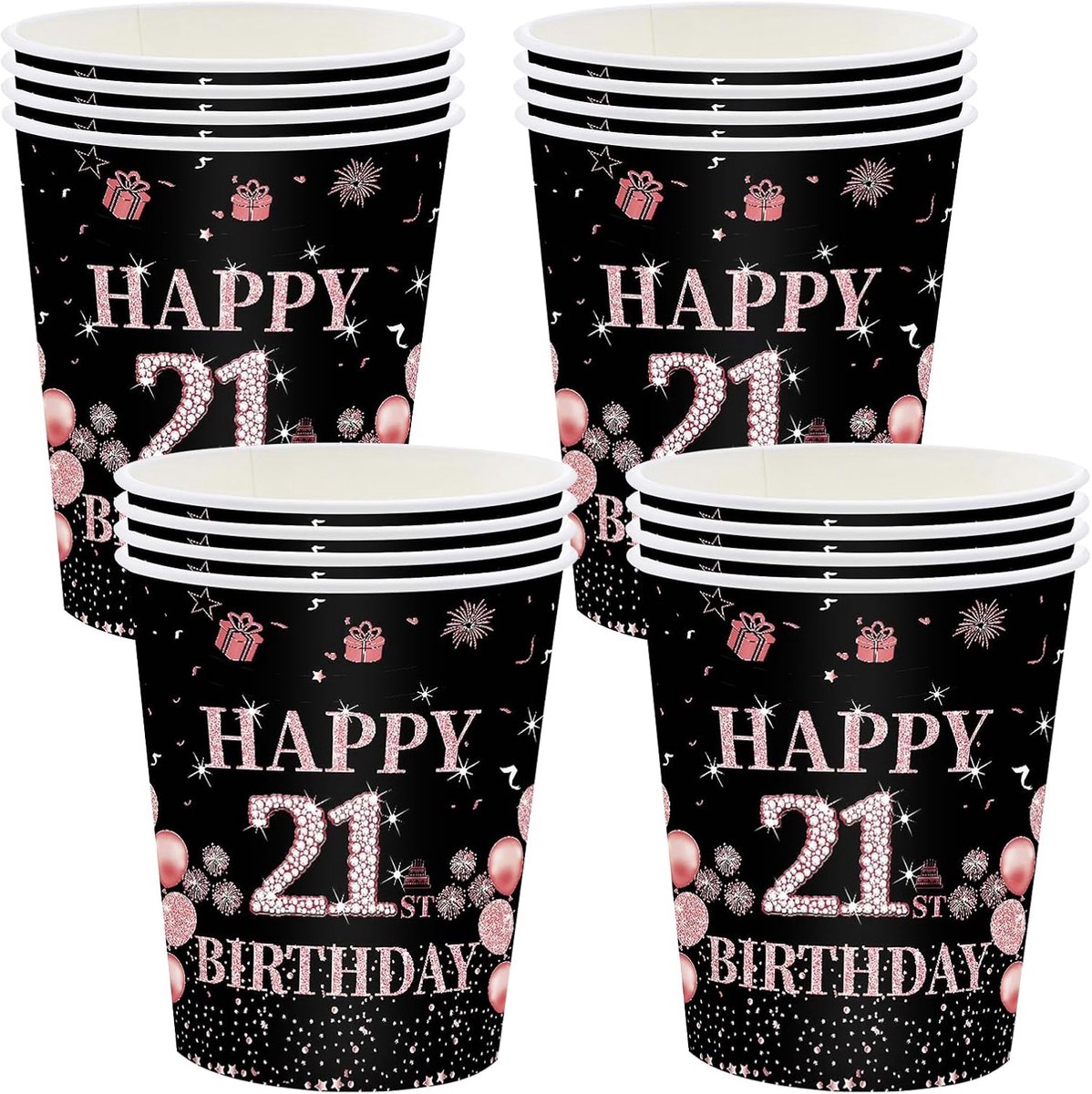 Papieren bekers 235ml - zwart roségoud - 16 stuks - ideaal voor 21e verjaardag - ShopVlot