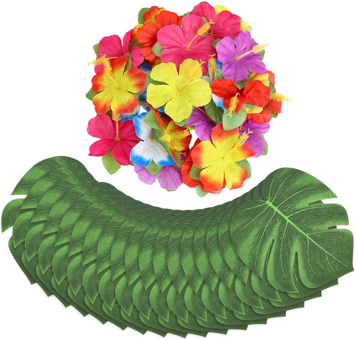 Tropische kunstplanten set - 60 stuks palmbladeren en hibiscus bloemen - ideaal voor feestdecoratie - ShopVlot