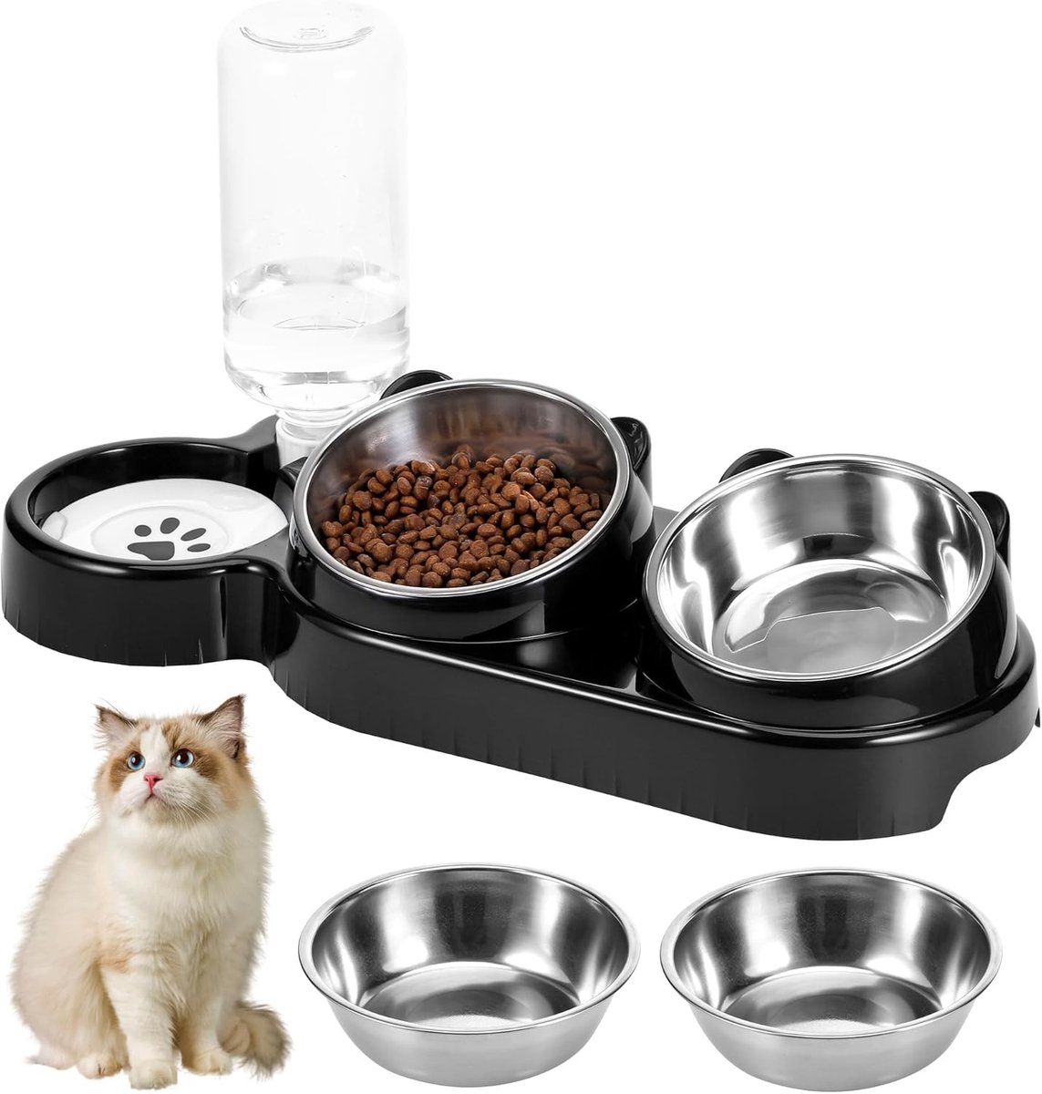 Kattenvoerbak met Waterdispenser - Zwart - 39,5 x 14,5 x 8,5 cm - Verhoogde Roestvrijstalen Bak met Automatische Waterbijvulling - Voor Katten en Kleine Honden