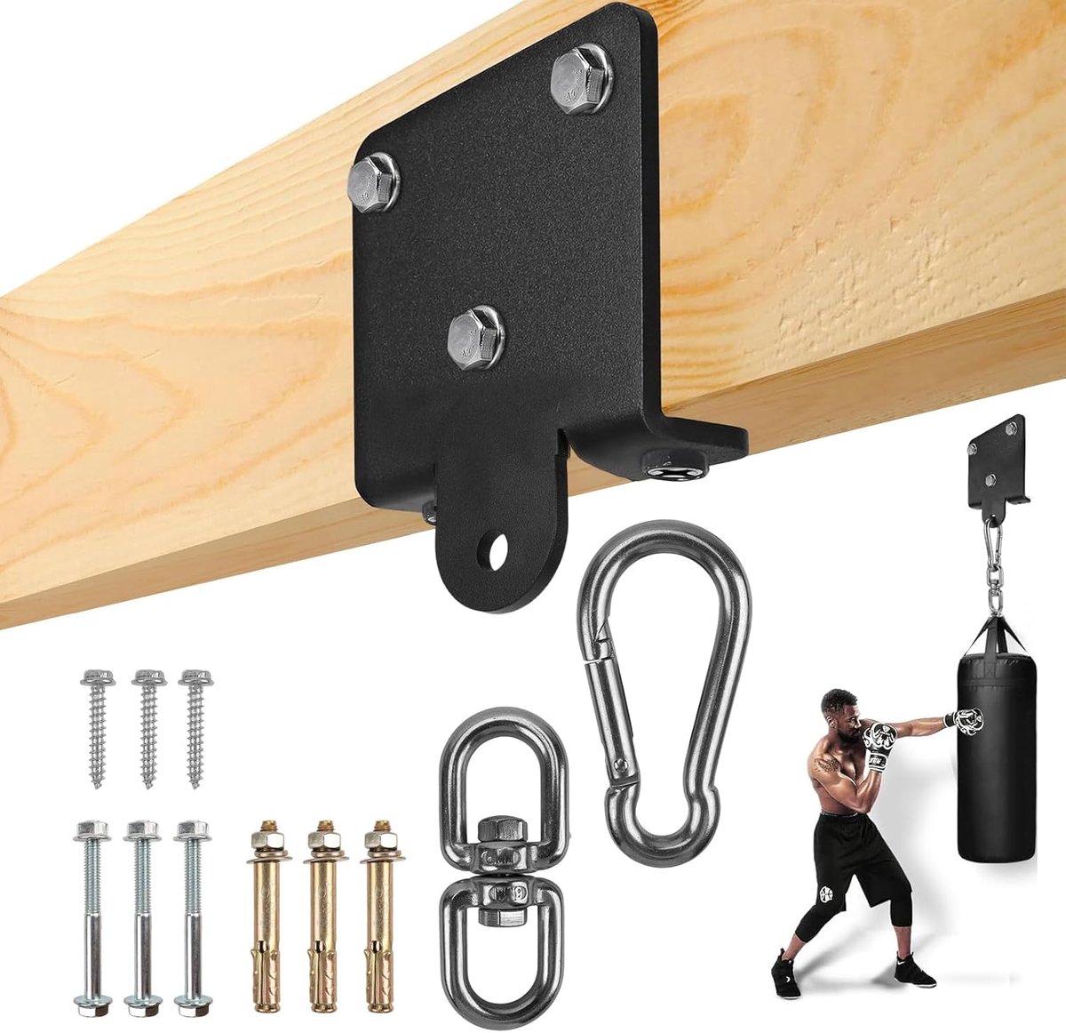 Heavy Duty Punching Bag Hanger Bracket - 1000lbs Steel Beam Mount with 180° Swivel & Carabiner, Punching Bag Mounting - ShopVlot