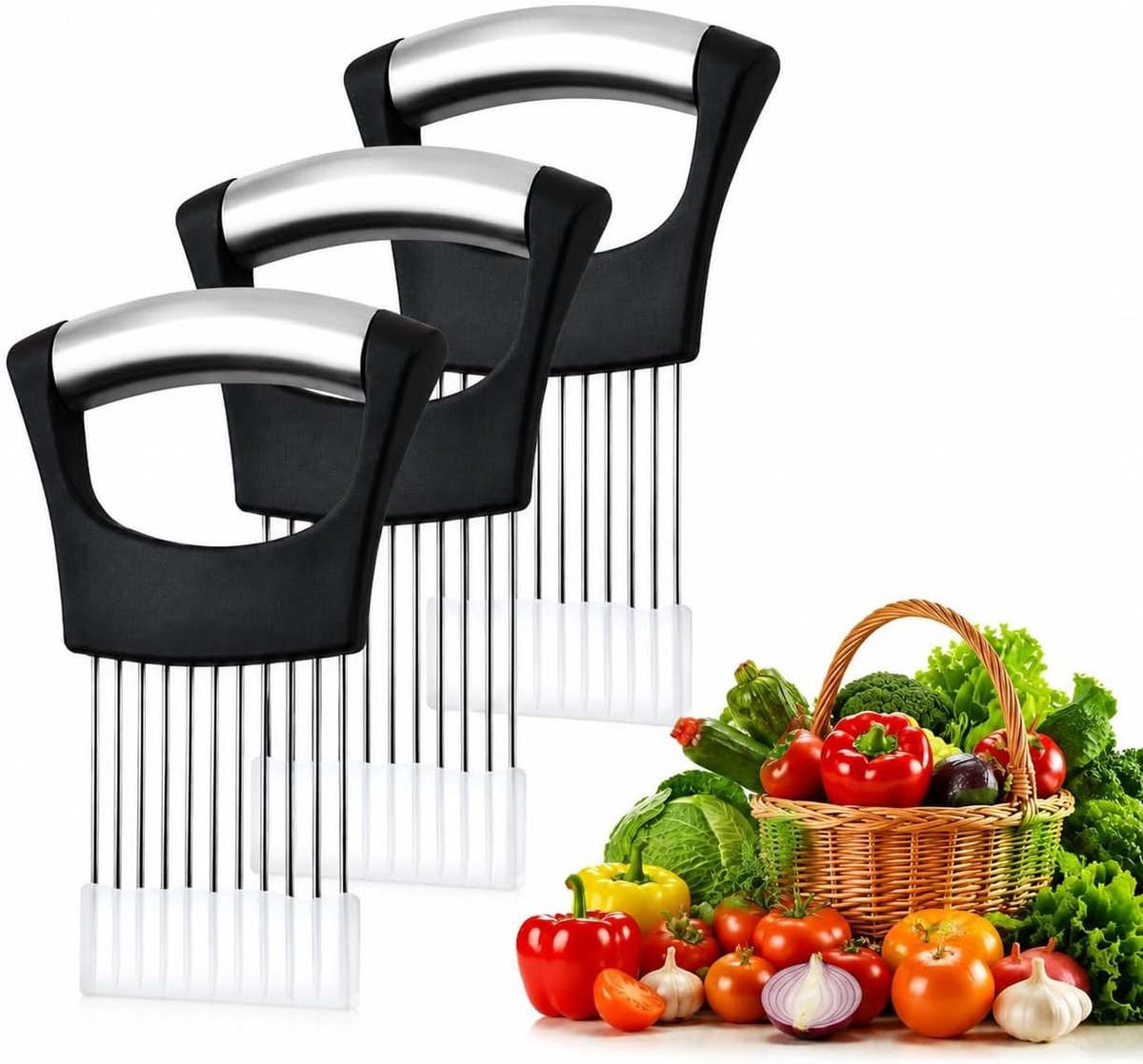 Set van 3 uienhouders van roestvrij staal voor het snijden van perfecte schijven, keukenaccessoires voor groenten en fruit, handig en duurzaam