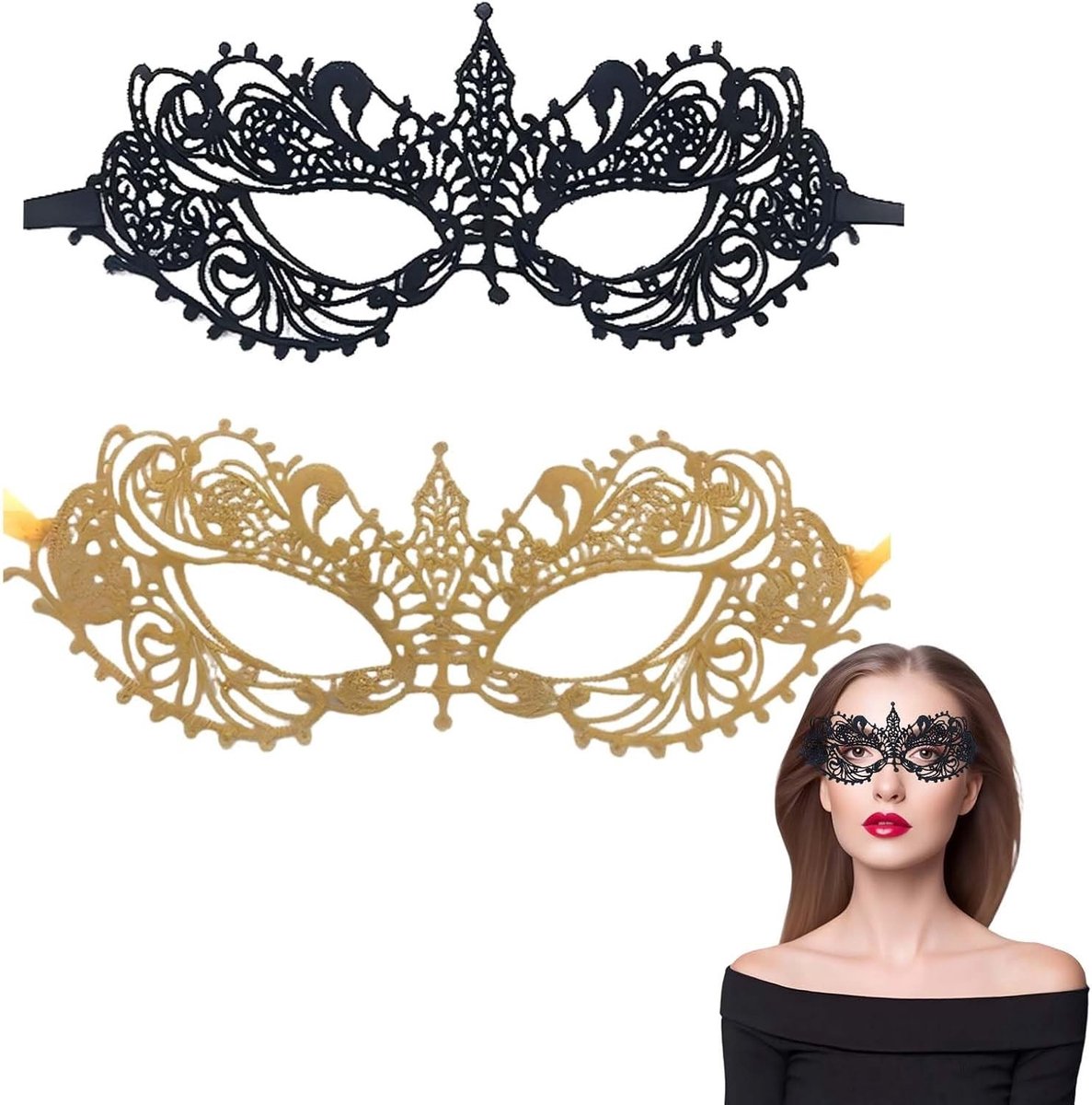 Elegante Venetiaanse Lacemaskers in Goud en Zwart voor Feestelijke Maskerballen en Carnaval