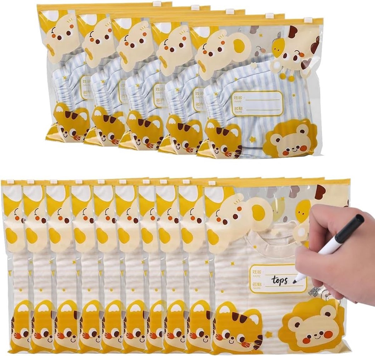 Set van 15 herbruikbare pouches voor pasgeborenen met 1 pen tas, ideaal voor ziekenhuis, geboorte en reizen