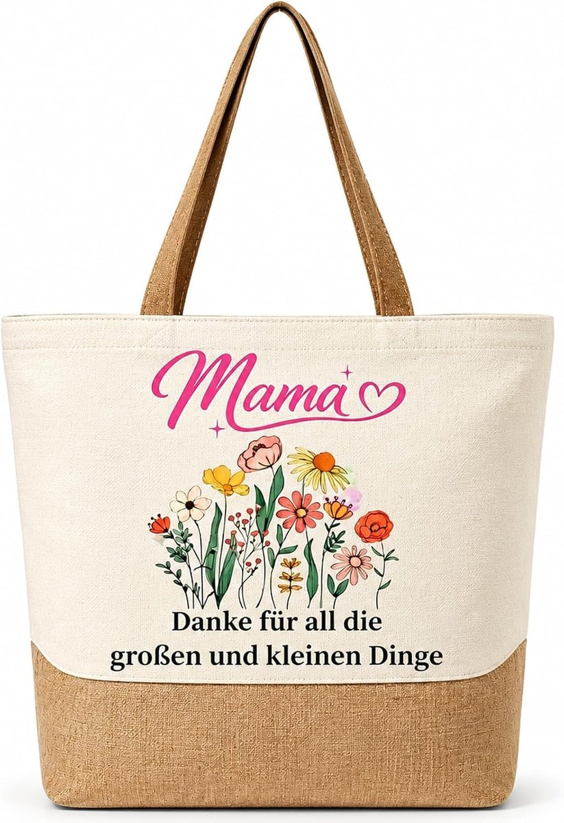 MOAZIFI Shopper Mama tas van canvas & jute bloemenmotief - cadeaus voor mama voor verjaardag Moederdag Kerstmis - ShopVlot