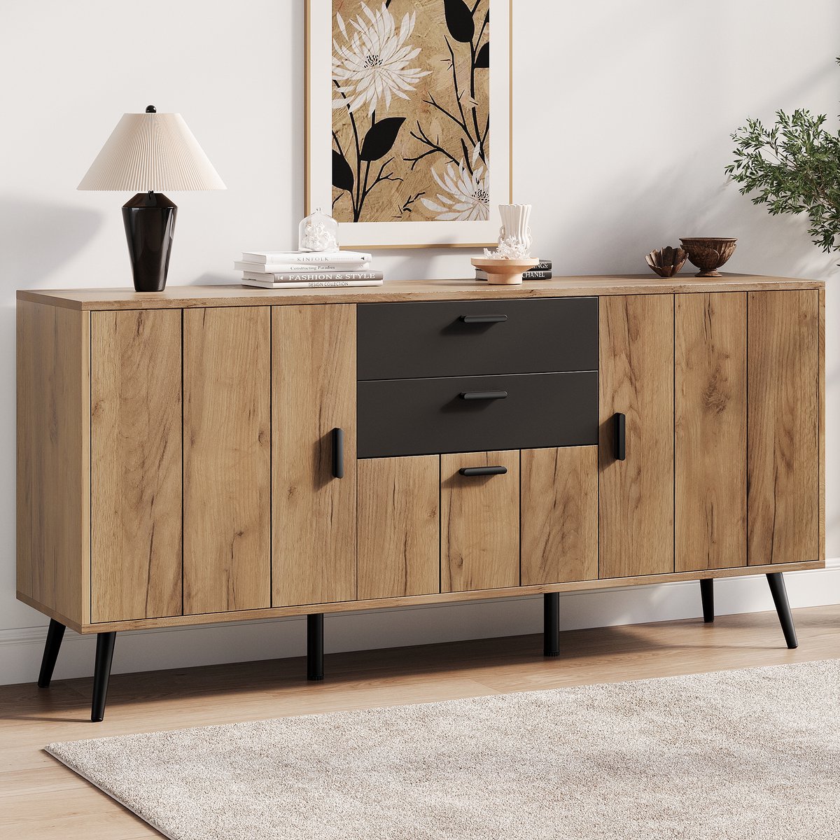 DESMIU Dressoir - Modern Design Met 2 Lades En 3 Deuren - Opbergkast Voor Woonkamer En Eetkamer - MDF - Zwart Houtkleur - 140x35x67 Cm