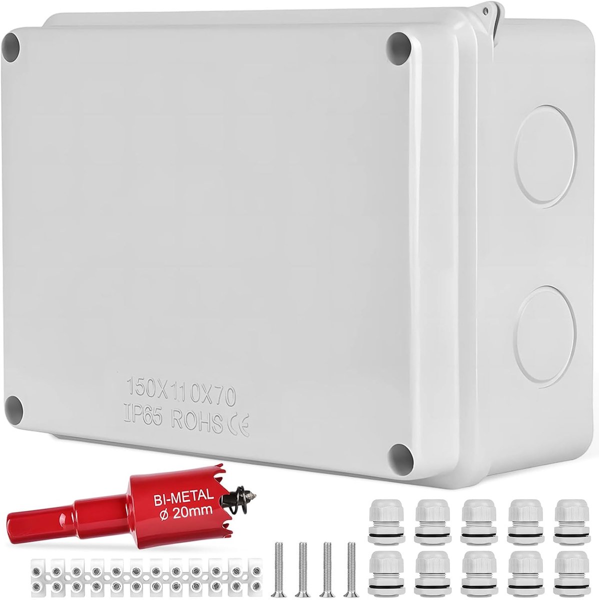 Outdoor Electric Box, IP65, with 10 M20 Cable Screw Connections, with Seal and Holes, 20 mm, 150 x 110 x 70 mm, ABS - ShopVlot