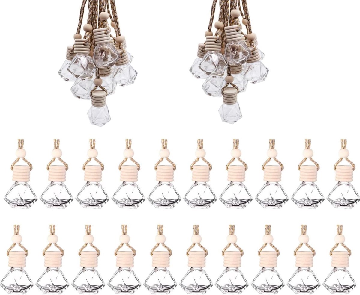 Navulbare luchtverfrisser voor auto, 20 transparante glazen flessen van 8 ml, aromatherapie parfumverstuiver voor interieur, frisse geur en geurverspreider