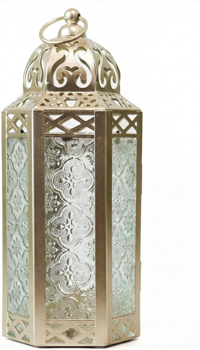 VELA LANTERNS White Gold Moroccan Candle Lantern, Decorative Candle Holder, Lamp for Table or Hanging, Ramadan - ShopVlot