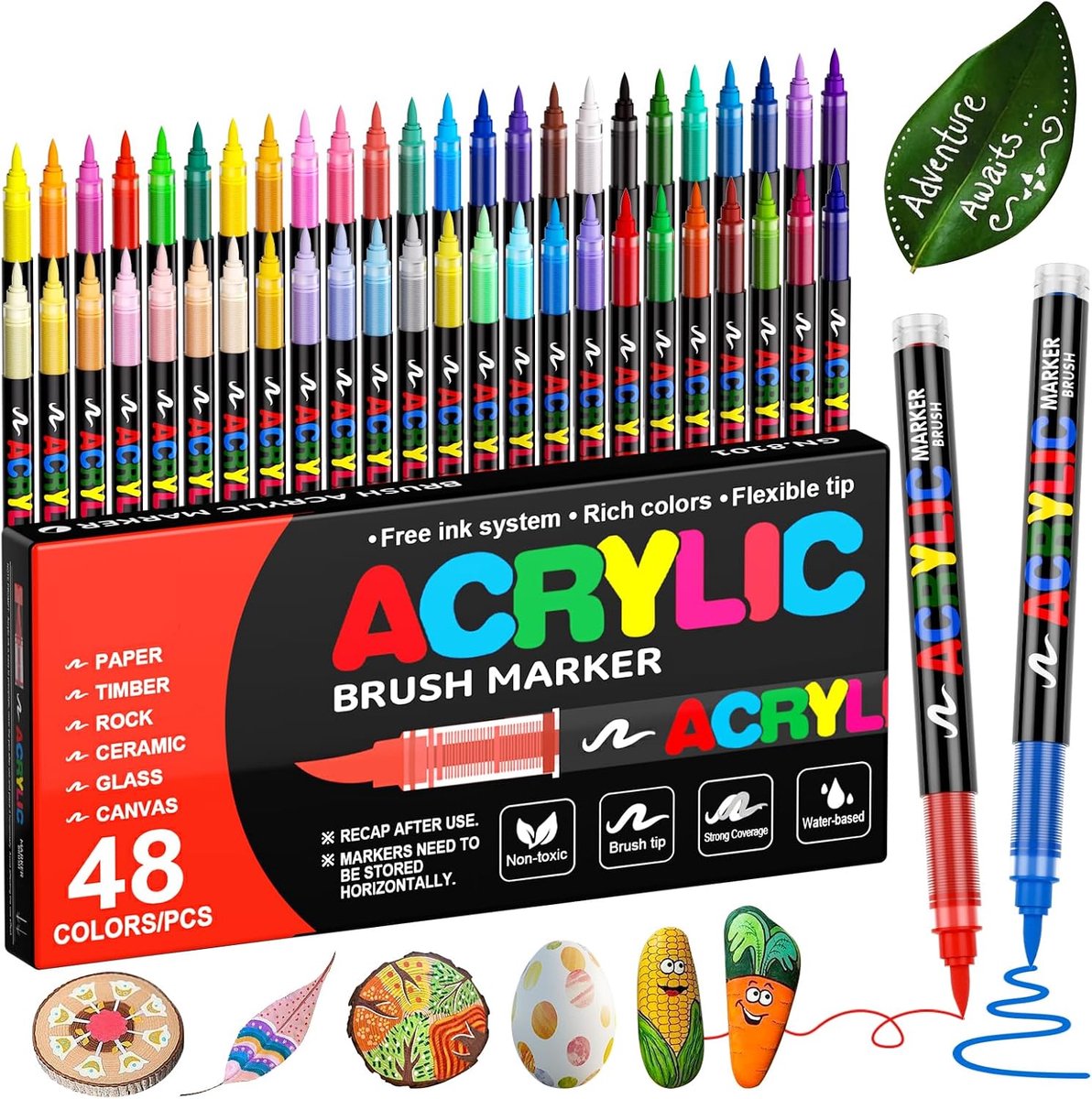48 kleuren acrylstiften voor stenen, waterbestendig, acrylstiften, markeerset, 1-5 mm penseelpunt, acrylpennenset voor - ShopVlot