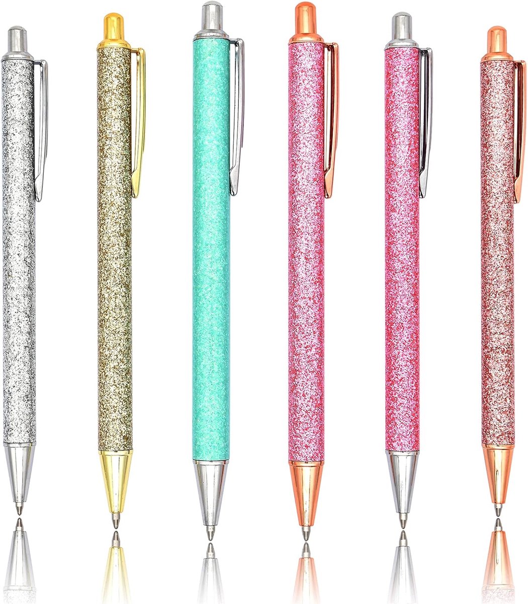 Gullor 6pcs glitter metal black ink retractable ballpoint pen Bling rose gold clip for school business office style A - ShopVlot