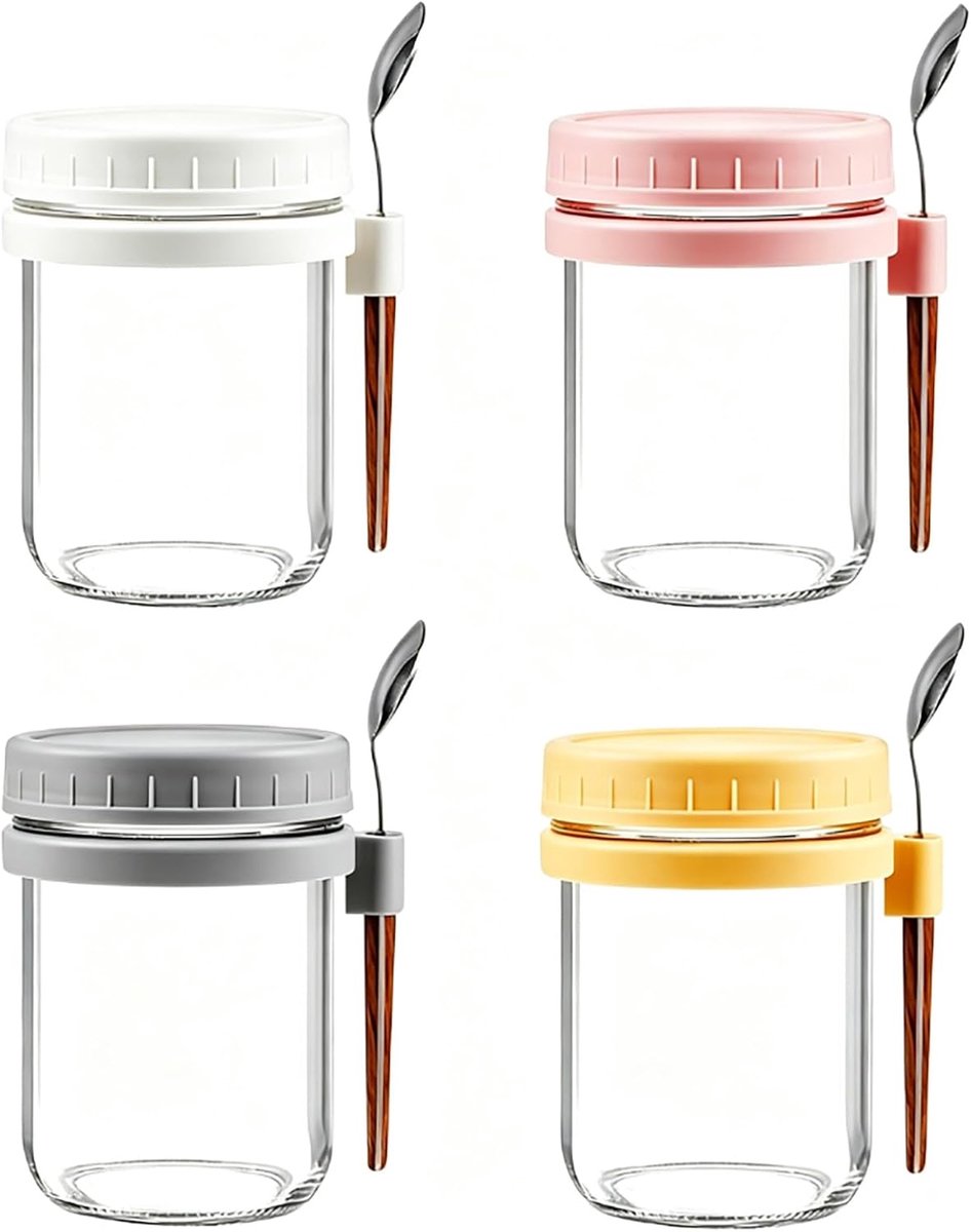 Set van 4 haverblikjes 's nachts, 400 ml haverblikjes 's nachts, haverblikjes met deksel, met deksel en lepel - ShopVlot