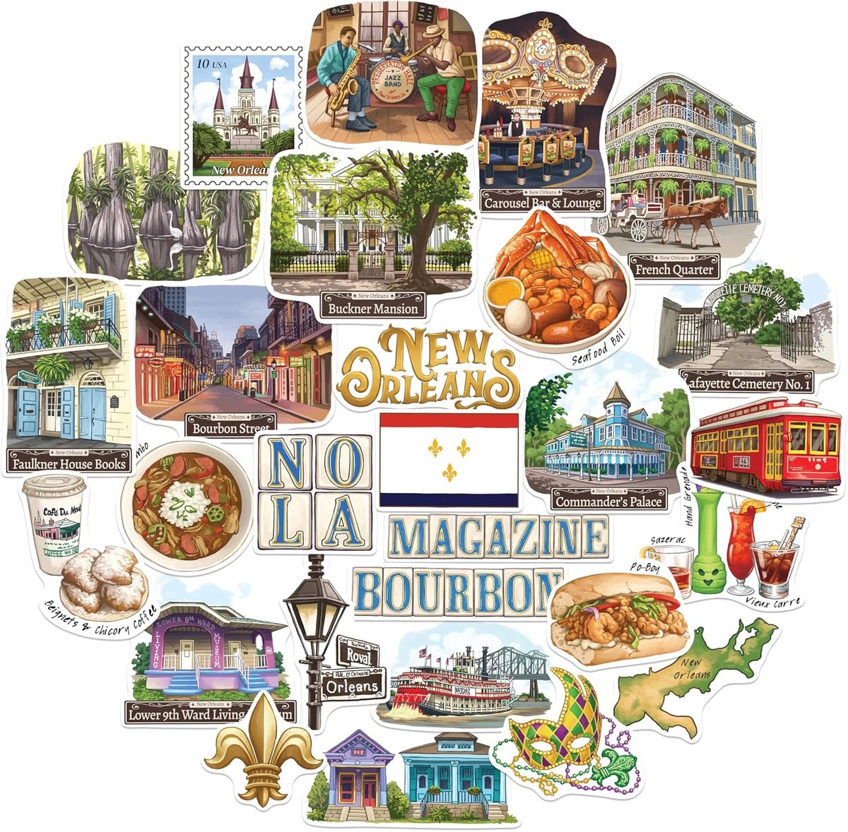 Navy Peony Jazzy New Orleans Travel Stickers (Pack of 28) – Big Easy, NOLA, American City Theme Stickers for - ShopVlot