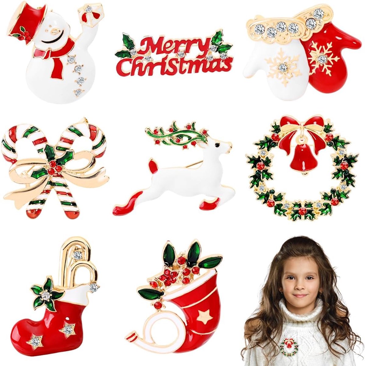 Christmas Brooch Pin, 8 Pieces Rhinestone Xmas Ornaments, Snowman, Santa Claus, Tree, Bell, Reindeer, Stocking, for - ShopVlot