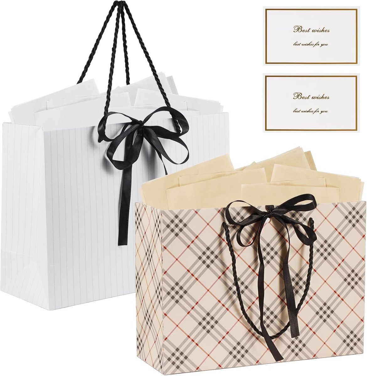 2 stuks papieren cadeauzakjes met handgrepen en strik - Beige wit draagbare cadeauzak met kaarten en sorbetpapier voor - ShopVlot