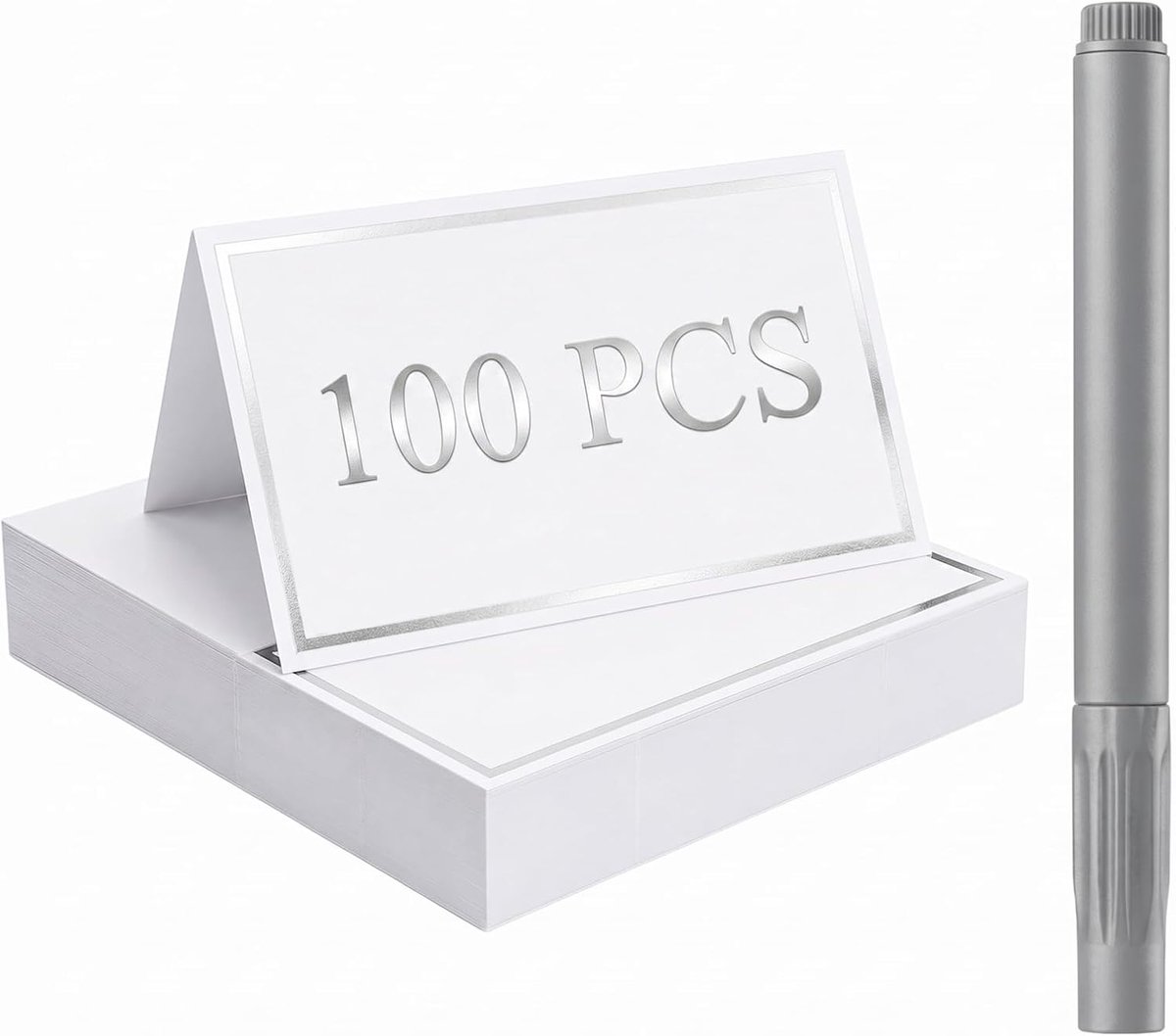 100 stuks tafelkaarten, blanco plaatskaartjes met 1 markeerstift, naambordjes bruiloft met zilveren frame - ShopVlot
