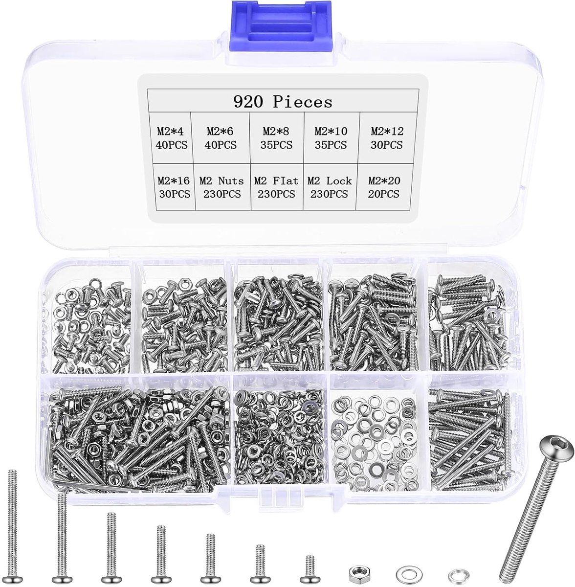 920Pcs M2 Screw Set, Left Head Screws Nut Set, Machine Screws Assortment, Thread Screws with Linens Head Allen Screws - ShopVlot