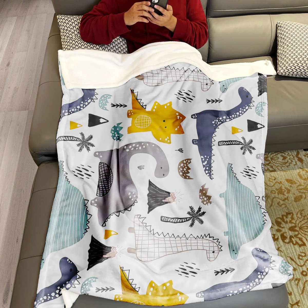 Thick Blanket Soft Warmth Cozy Flannel Fleece Couch Blanket Caricature Hand Drawn Dinosaur Volcano Palm Blue 125x200CM - ShopVlot