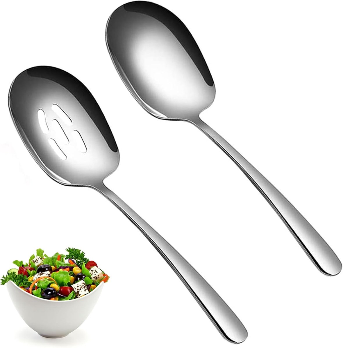 Stainless Steel Serving Spoon and Slotted Spoons, 2 Pcs Large Spoons Serving Spoon, Long Handle Front Spoon, Buffet - ShopVlot